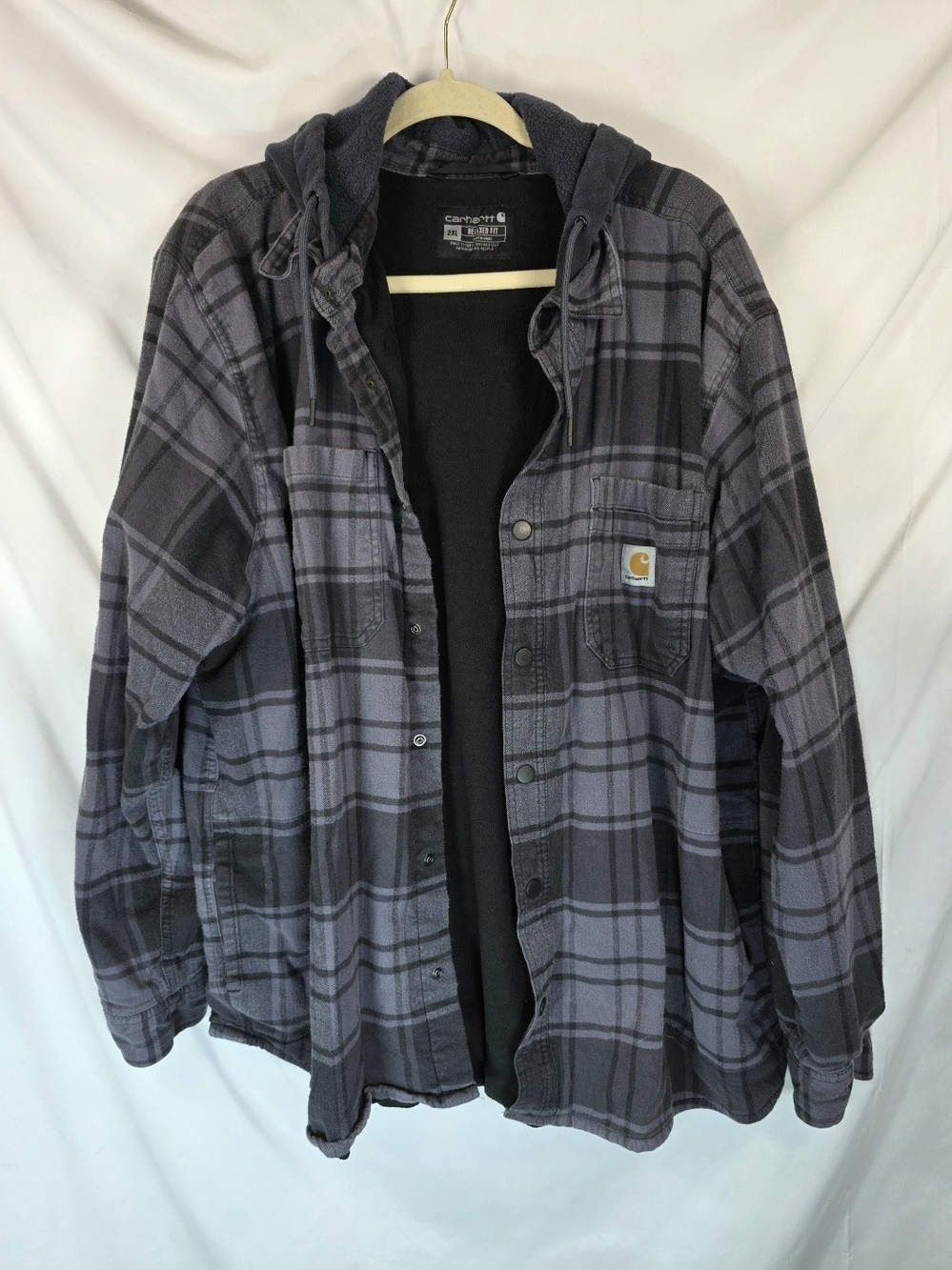 Carhartt Hooded Flannel Shirt Jacket XXL Fleece Lined Gray Black Plaid Gorpcore
